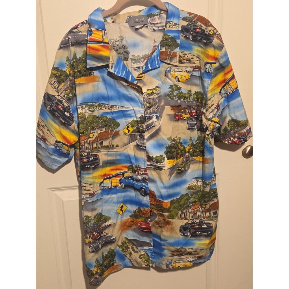 High Seas Trading Co Mens XL Made USA Hawaiian Shirt Sports Cars Scenic Aloha